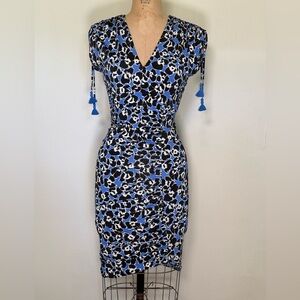 Hale Bob Athena Jersey Dress Blue Floral Cap Sleeve V-Neck Ruched Midi Size XS
